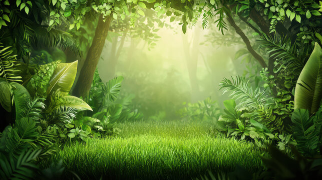 A vibrant lush jungle scene presents a green lawn and dense foliage with sunlight filte through the trees, creating a magical and inviting natural setting.
