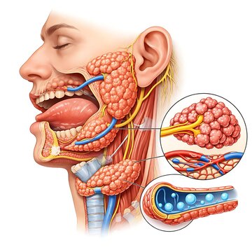 Human Salivary and Thyroid Glands Anatomy Illustration, Medical Cross Section of Head and Neck with Nervous System and Blood Vessels.