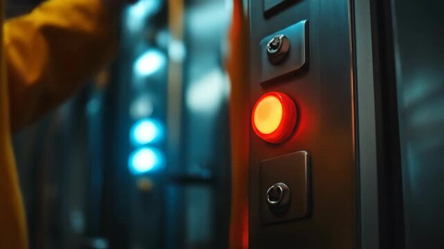 Man in yellow coat pressing red button on control panel, activating a light signal. Operator working with industrial machinery.