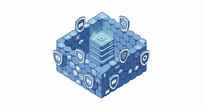 Cybersecurity and Data Protection Concept: Isometric Illustration of Secure Server Infrastructure with Shield Icons and Digital Fortress Wall
