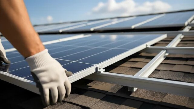 Man installing solar panel on a household roof during a sunny day. Green energy construction concept. Eco-friendly solution.