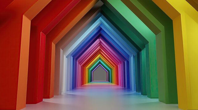 Colorful angular corridor with multi-colored walls leading to a bright background