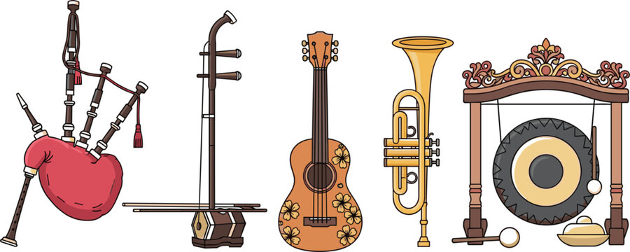 Set of diverse musical instruments including Scottish bagpipes Chinese erhu ukulele brass trumpet and Indonesian gamelan gong for cultural music and global tradition projects.