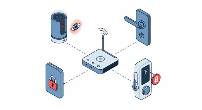 Smart Home Automation and Security System Isometric Illustration with Central Hub, Camera, Smart Lock, Thermostat, and Smartphone Control