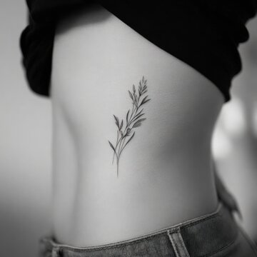 Delicate Botanical Branch Tattoo on Womans Ribcage.
