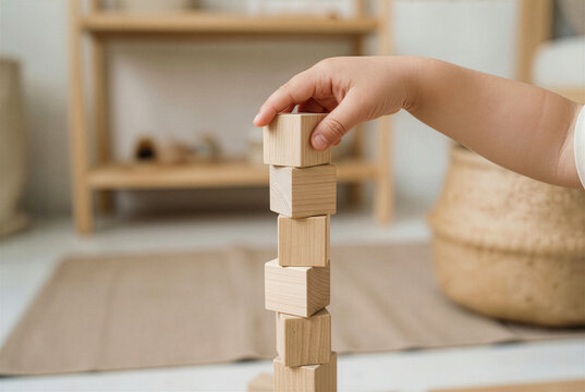 Child stacking wooden blocks to build a tower for fine motor skills development in a minimalist Montessori playroom