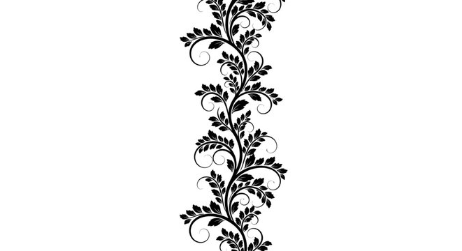 Elegant classic ornamental vertical border with intricate floral and leaf motifs in black, isolated white background.