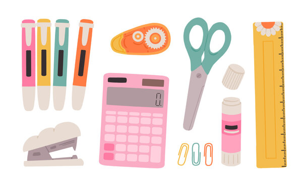 School and office supplies set with markers, calculator, scissors, ruler, stapler, glue stick, correction tape and paper clips. Hand drawn vector illustration isolated on white background.