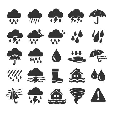 Weather and climate icons set with rain, storms, and tornado symbols.