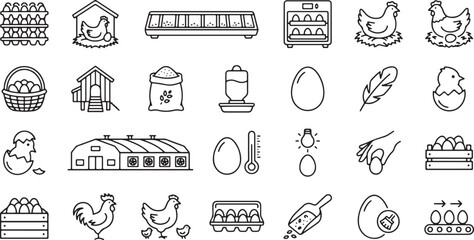 Egg production poultry farming incubation hatchery chicken coop egg processing storage packaging outline vector icon set poultry industry collection © EPS VECOR 