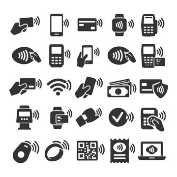 Contactless payment icons featuring devices and methods for secure transactions.