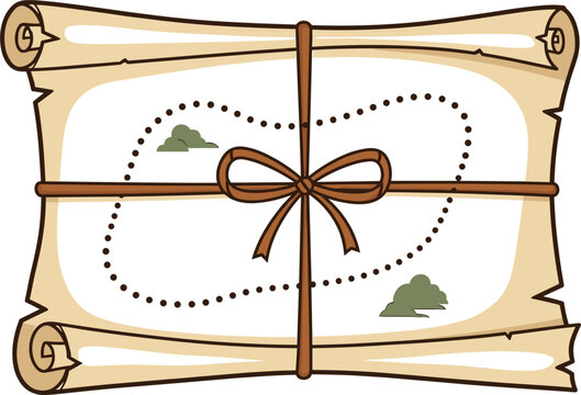 Vintage style treasure map on a rolled parchment paper tied with a simple brown string bow, perfect for adventure, games, or exploration design projects.