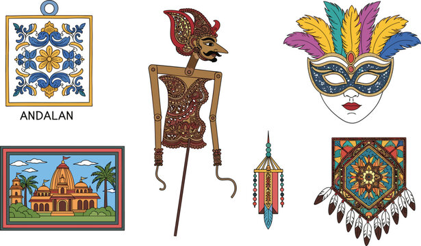 A collection of traditional cultural artifacts featuring Indonesian wayang puppets, ornate masks, decorative tiles, and ethnic art elements for diverse design projects.