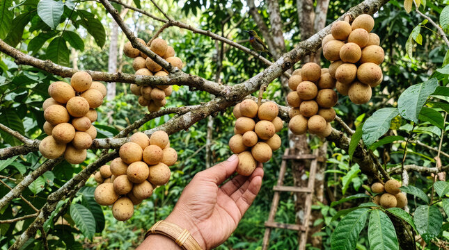 Adult hand harvesting fresh Langsat Lanzones fruit clusters from tree branch in Southeast Asian tropical garden orchard