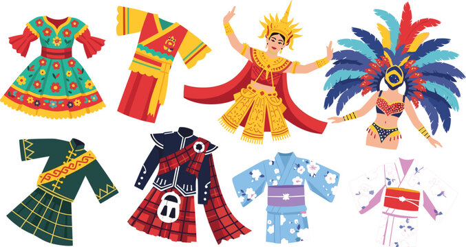 A collection of traditional international costumes including carnival outfits, Asian kimonos, Scottish kilts, and festive dresses representing various global cultures and world heritage fashion.