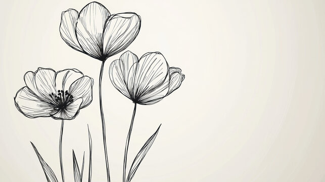 Three delicate tulip flowers are sketched in black ink with fine lines against a soft beige background, creating a minimalist and elegant floral illustration.