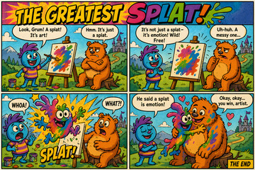 Obraz premium Colorful Funny Comic Strip with Blue Monster and Orange Bear Creating Greatest Paint Splat Cartoon Illustration