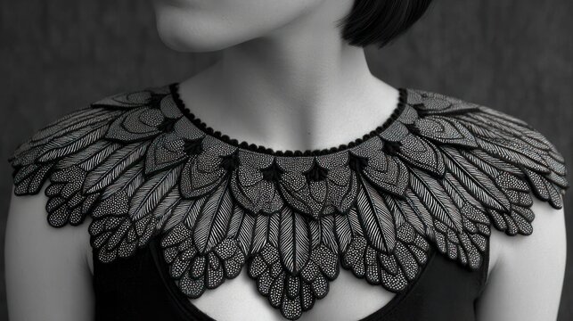 Elegant Black Feather Collar Necklace on Woman.