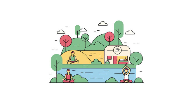 people enjoying outdoor recreation by lake with trees and camper