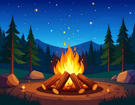 Campfire under starry night sky in a pine forest.  Campsite at night with a crackling fire