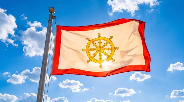 Sikkim flag waving on sky background. 3D Rendering