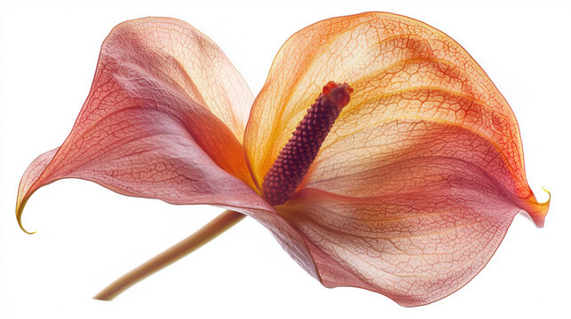 An anthurium flower with delicate pink petals and a prominent spadix is isolated against a clean white background, showcasing its vibrant colors and textures.