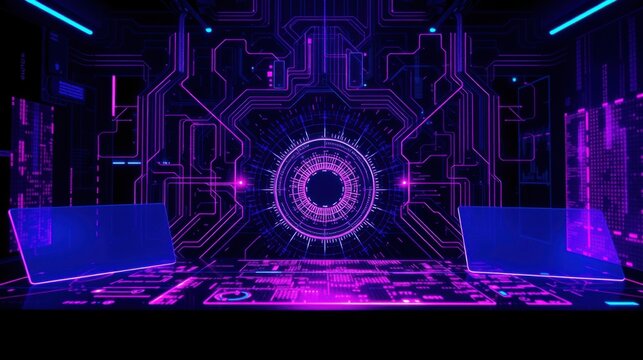 Futuristic digital space. Glowing neon lines form complex network. Dark background emphasizes vibrant purple, blue illumination. Symmetry dominates design.