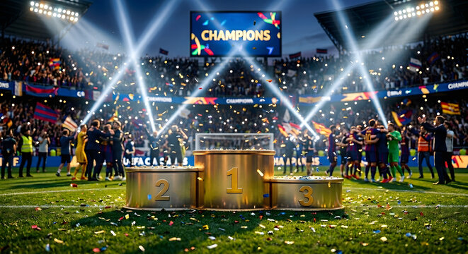 Close-up of a 1st, 2nd, and 3rd place victory podium on a football pitch during a grand stadium celebration with confetti and cheering fans. Perfect for sports advertising.