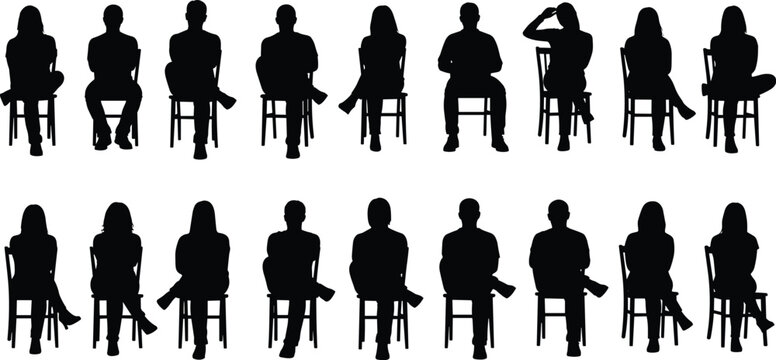 people silhouettes sitting chair poses front view posture lifestyle isolated black illustration set collection