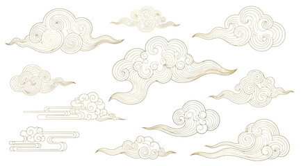 Set of traditional chinese clouds, auspicious cloud patterns, oriental style line art, vector illustration © S.Siam