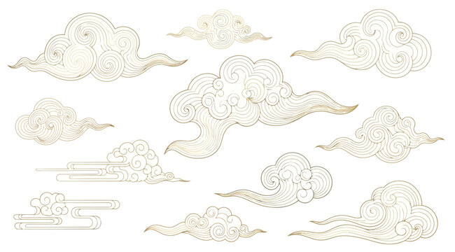 Set of traditional chinese clouds, auspicious cloud patterns, oriental style line art, vector illustration