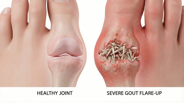 ​3D Medical Illustration of Healthy Joint vs Severe Gout Flare-Up