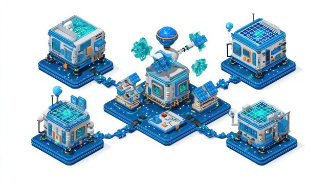 Futuristic Digital Network Hub with Connected Modules and Data Flow.