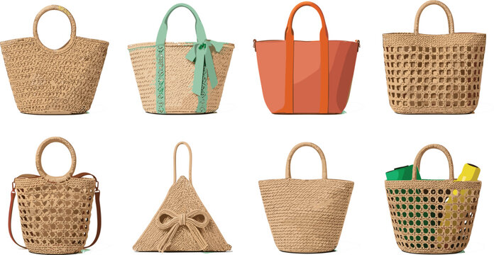 Collection of Stylish Woven Straw Bags in Different Shapes and Colors for Fashion and Accessory Design Projects