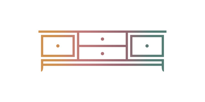 A clean, modern line art illustration of a media console, featuring drawers and cabinets. The gradient color palette adds a contemporary feel, perfect for interior design, furniture, or home decor rel