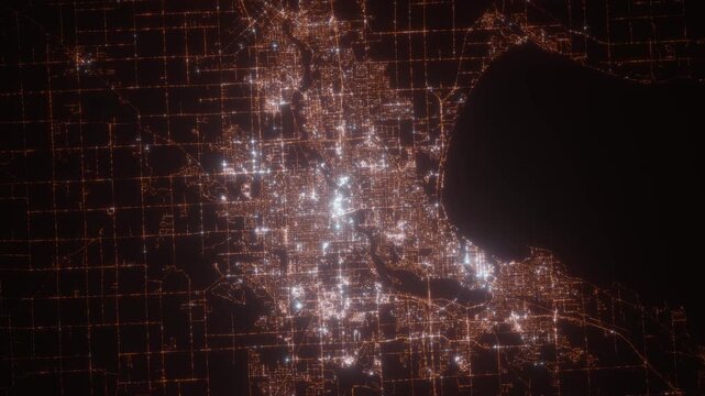 Appleton (Wisconsin, USA) top view at night. View on modern city from satellite. Camera is zooming in, rotating counterclockwise. Vertical video. The north is on the left side