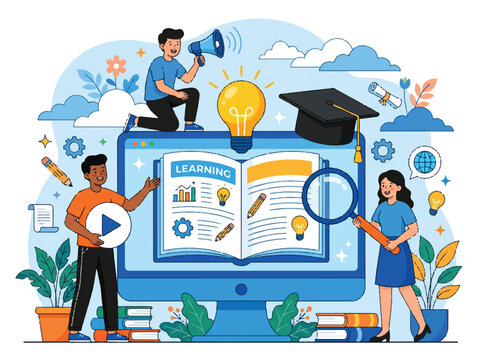 People learning online with computer and books and plants and clouds and stars and gears and graduation cap and megaphone and light bulb  educational concept