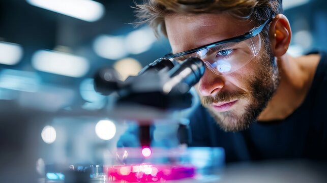 Man scientist using a microscope in an advanced medical research laboratory