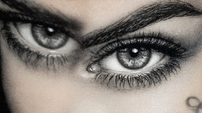 Intense Close-up of a Womans Piercing Eyes with Dramatic Makeup.