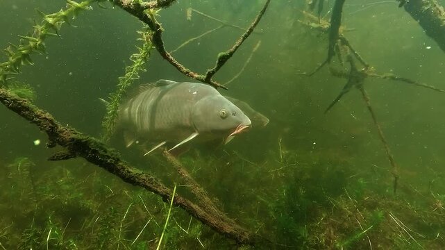 Underwater view of two common carp Cyprinus carpio resting among submerged branches, then disturbed by a young wels catfish Silurus glanis arriving from behind in freshwater habitat