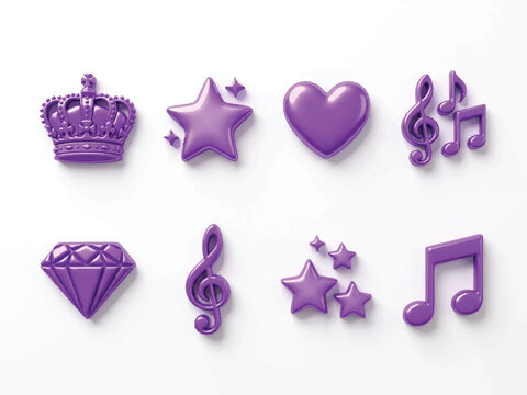 Purple music and star icons with crown and heart symbols on white background  royalty free images