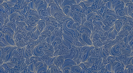 Intricate blue and gold floral pattern with swirling wave motifs traditional oriental style background for textile, wallpaper, or decorative design © S.Siam