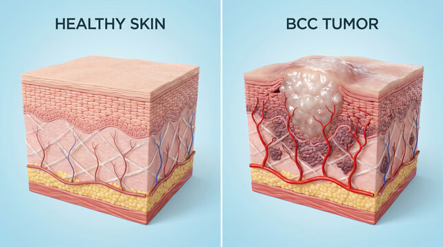 3D Skin Cancer Cross-Section: Healthy Skin vs Basal Cell Carcinoma Tumor