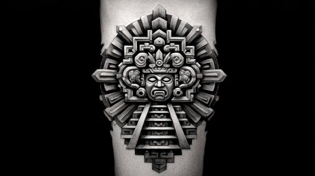 Intricate Aztec Sun Stone Tattoo Design on Skin.