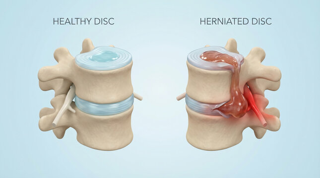 3D Spinal Anatomy Showing Healthy and Herniated Disc Compressing Nerve