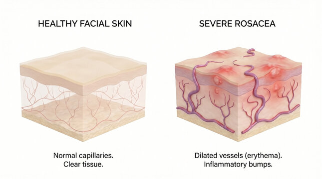 3D Cross-Section of Healthy Facial Skin and Severe Rosacea Erythema