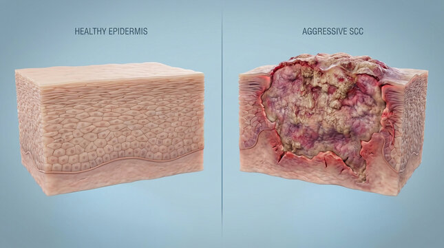 3D Medical Cross-Section of Healthy Epidermis and Aggressive Squamous Cell Carcinoma