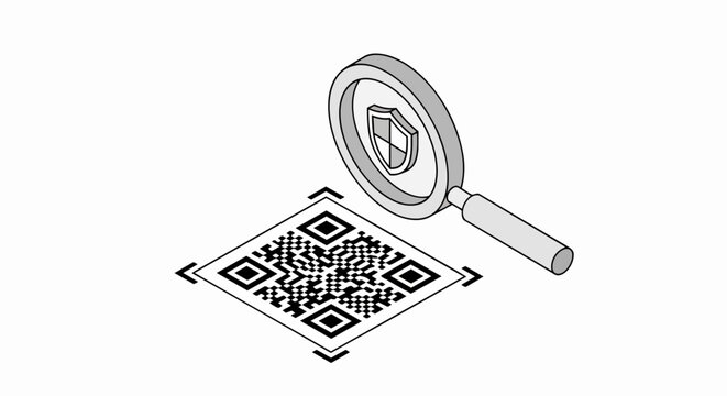 Isometric QR Code Security Verification Concept with Magnifying Glass and Shield Icon for Cybersecurity and Data Privacy Protection
