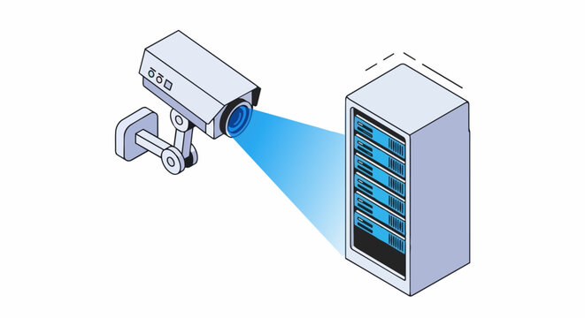 Isometric Security Camera Scanning Server Rack for Cybersecurity and Data Center Monitoring