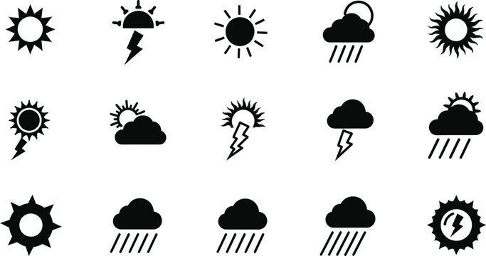 A set of black and white weather icons featuring sun, cloud, rain, and lightning symbols in a flat design style